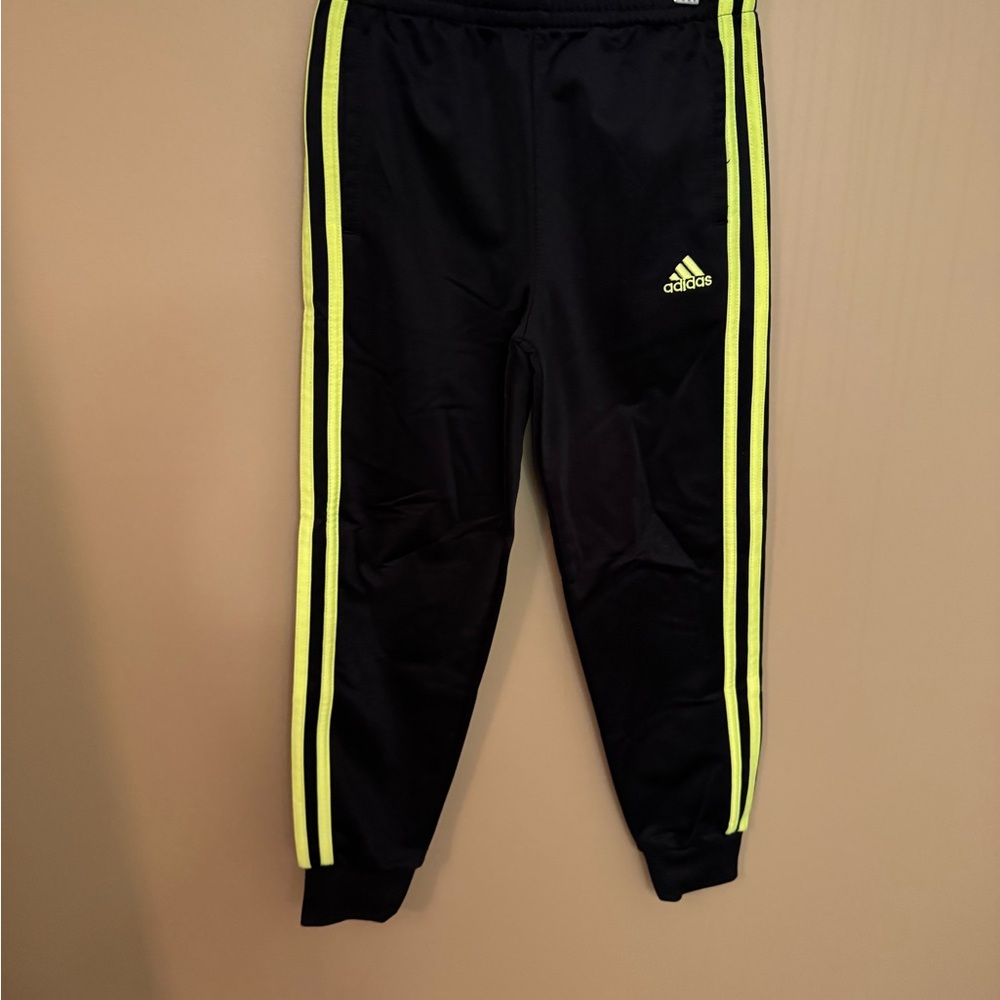 Adidas Kids Black Joggers with Neon Yellow Stripes